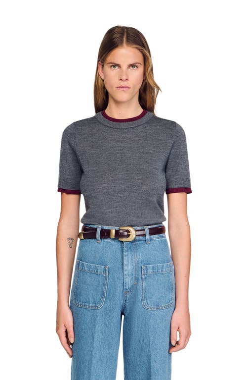 Sandro Two Tone Cropped Short Sleeve Sweater In Gray