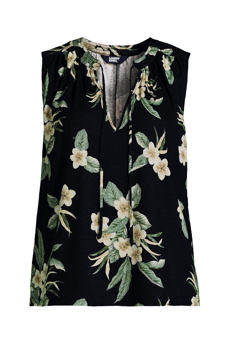 Plus Size Linen Blend Notch Neck Swing Tank Top, Alternate, color, Black Plumeria