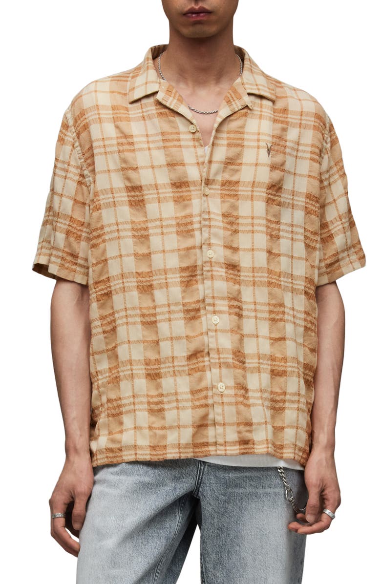 AllSaints Buddy Plaid Textured Camp Shirt, Main, color, Faded Taupe