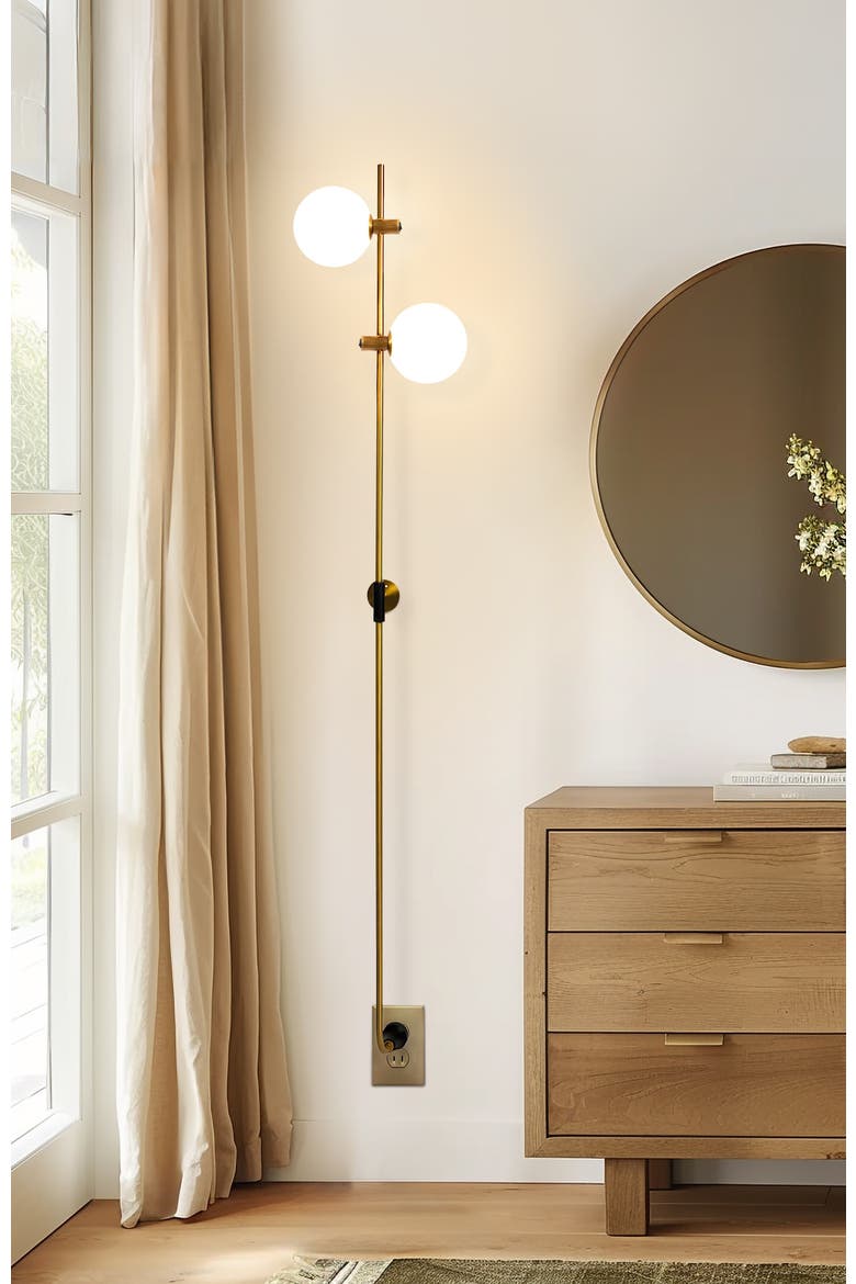 Equinox 62" LED Modern Sconce Wall Lamp with Glass Globe Shades, Alternate, color, Antique Brass