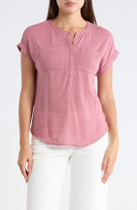 Mixed Media Short Sleeve Cotton Henley Top