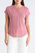 Lucky Brand Mixed Media Short Sleeve Cotton Henley Top