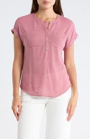 Lucky Brand Mixed Media Short Sleeve Cotton Henley Top