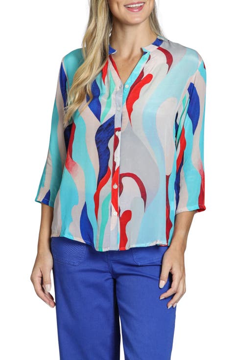 Mixed Stripe Mandarin Collar Button-Up Shirt