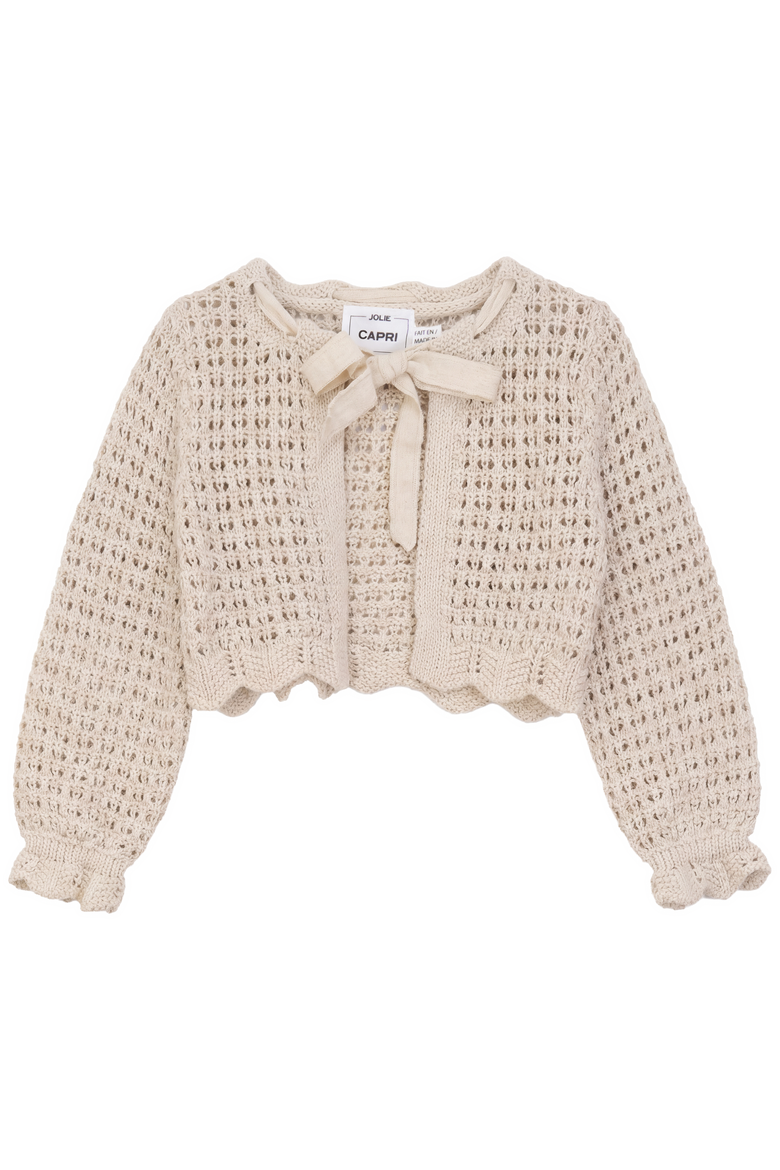 Girl Double Breasted Bow Tie Neckline Scallop Edge Cardigan, Main, color, Dark Almond
