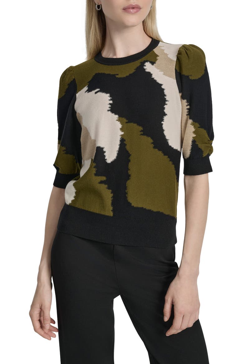 Colorblock Puff Sleeve Sweater, Main, color, DARK OLIVE MULTI