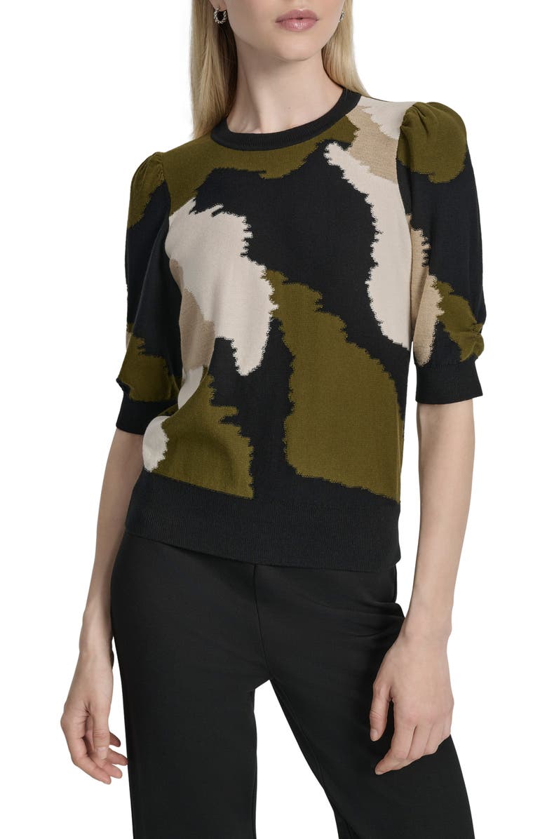 DKNY Colorblock Puff Sleeve Sweater, Main, color, Dark Olive Multi