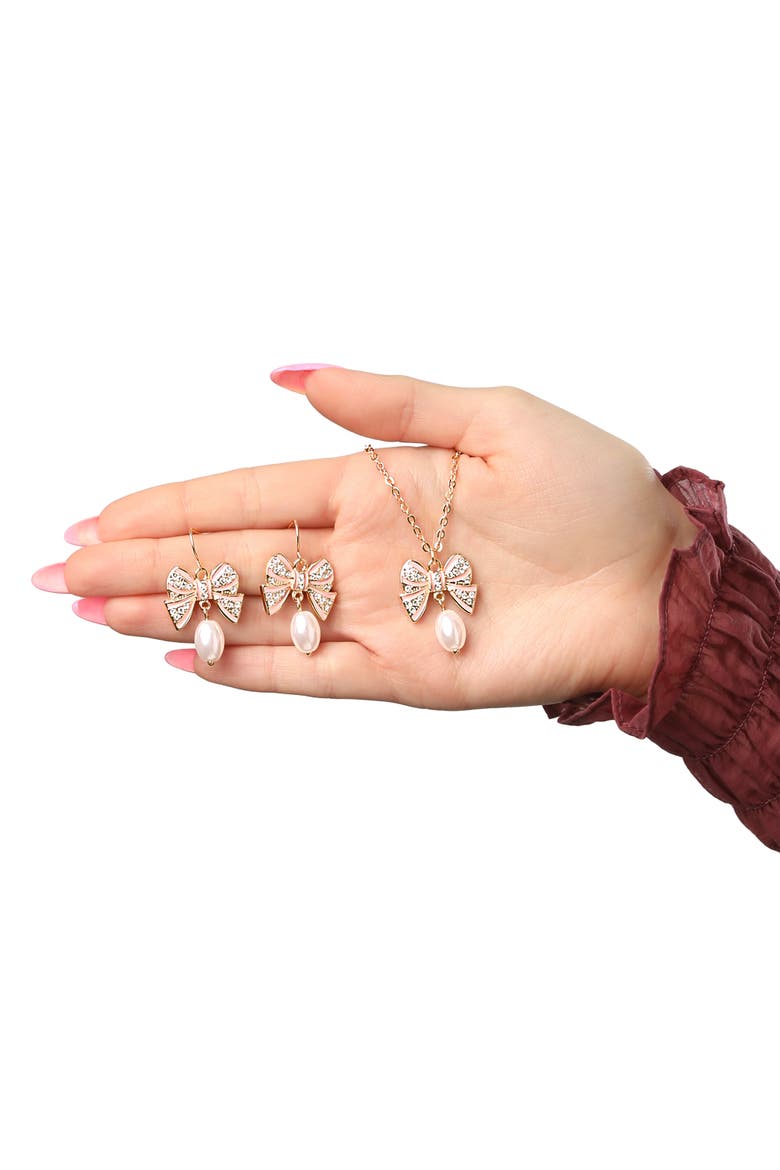 Pearl and Bow Jewelry Set with Necklace and Drop Earrings | Womens Matching 16"+3" Necklace and Dangle Earrings, Faux Pearl and Clear Crystal Embellishments, Yellow Gold-Tone Plated, Alternate, color, Gold-Tone