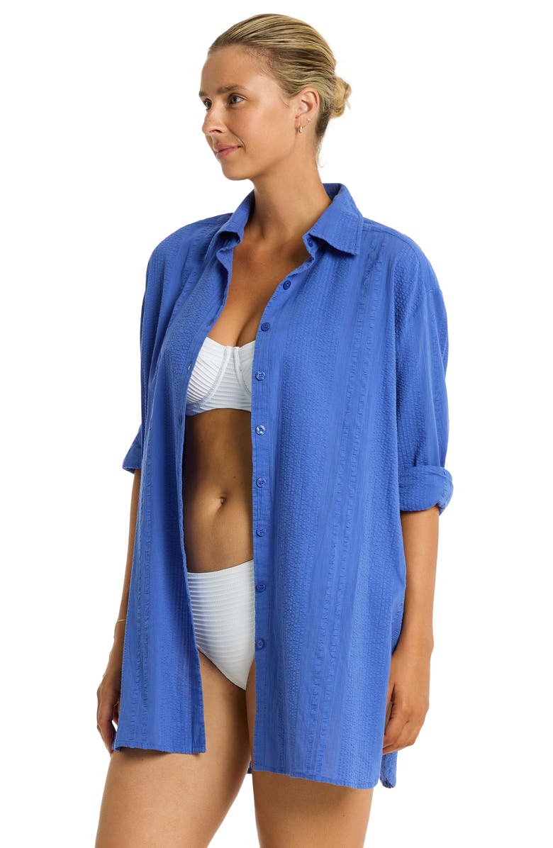 Sea Level Heatwave Cover-Up Shirtdress, Alternate, color, Blue