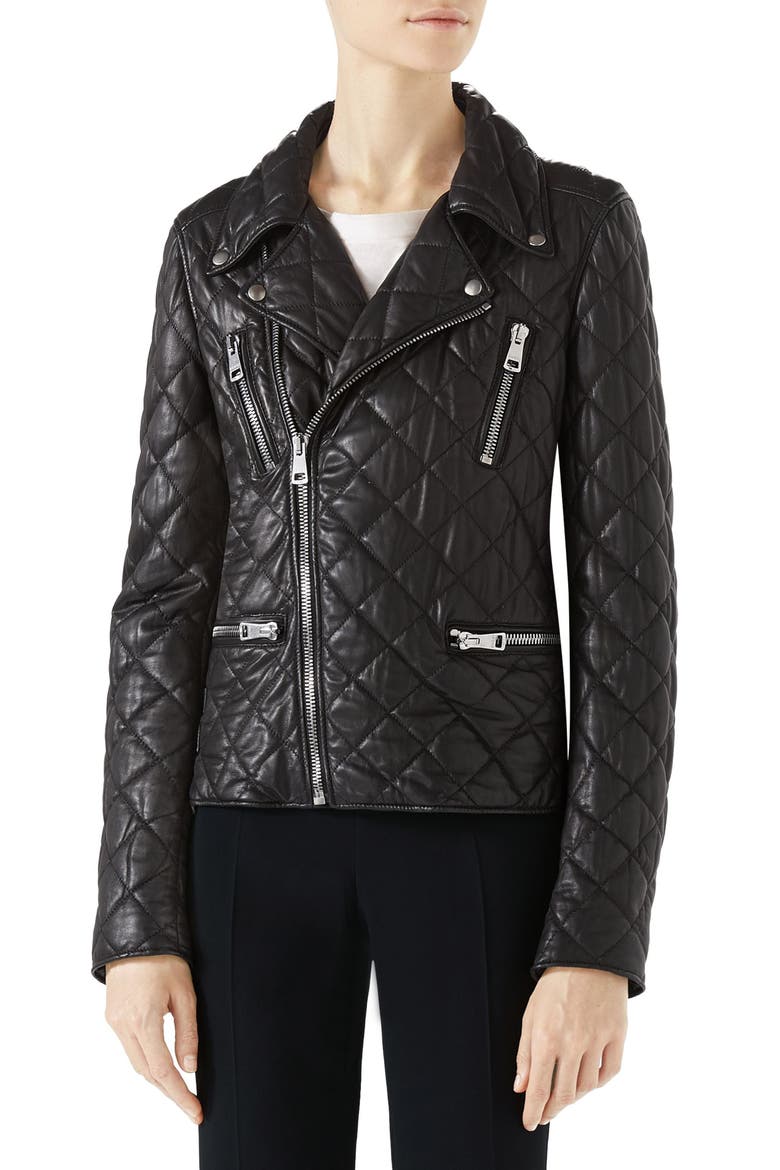 Logo Quilted Leather Biker Jacket, Main, color, BLACK