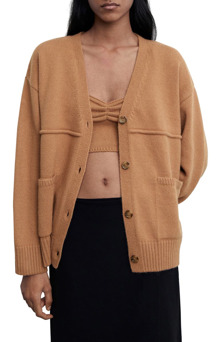 MANGO Patch Pocket V-Neck Cardigan, Main, color, Caramel