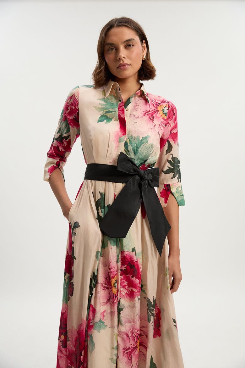 Floral Woven Belted Maxi Shirt Dress, Alternate, color, Floral