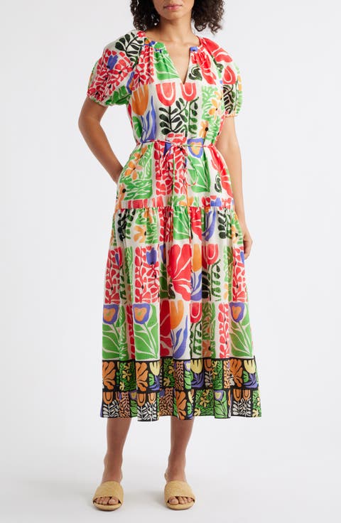 Printed Puff Sleeve Midi Dress