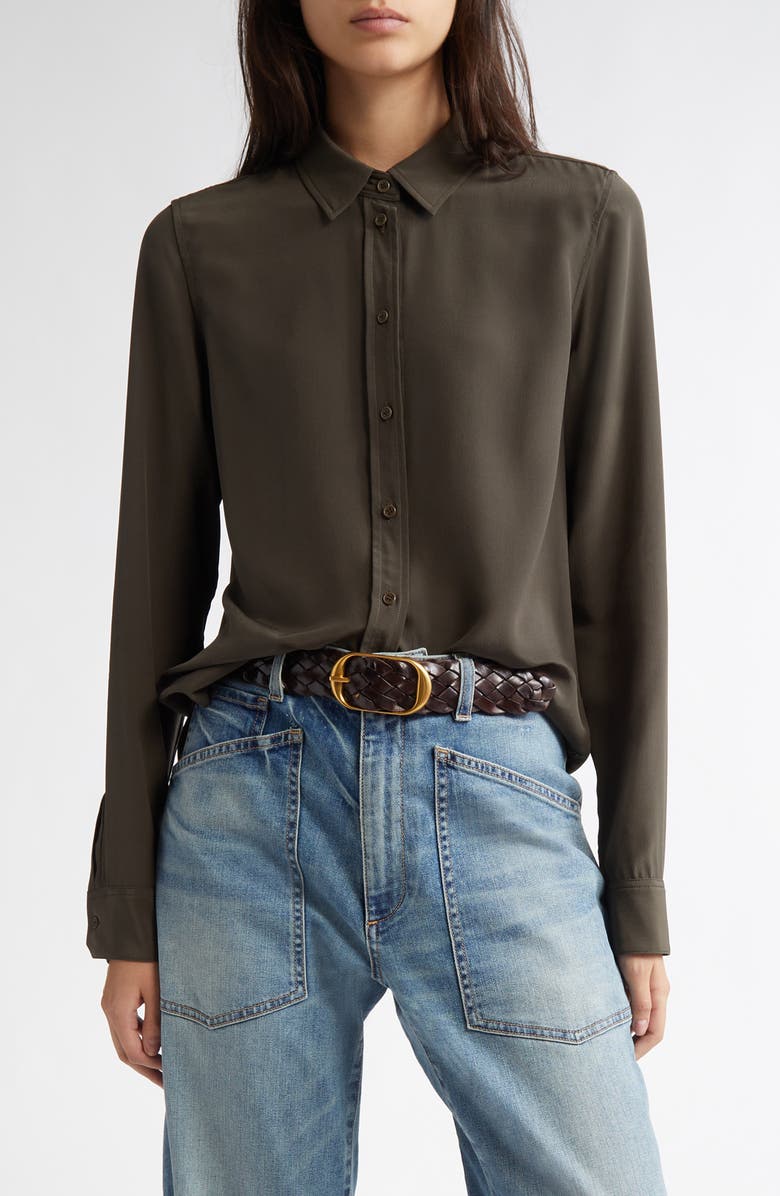 Nili Lotan Gaia Silk Shirt, Main, color, Loden