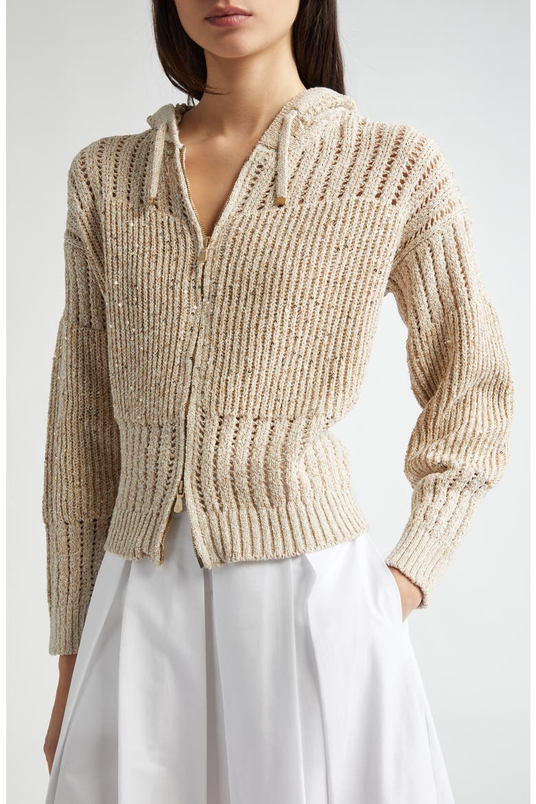 Sequin Zip-Up Hooded Cardian, Alternate, color, SAND