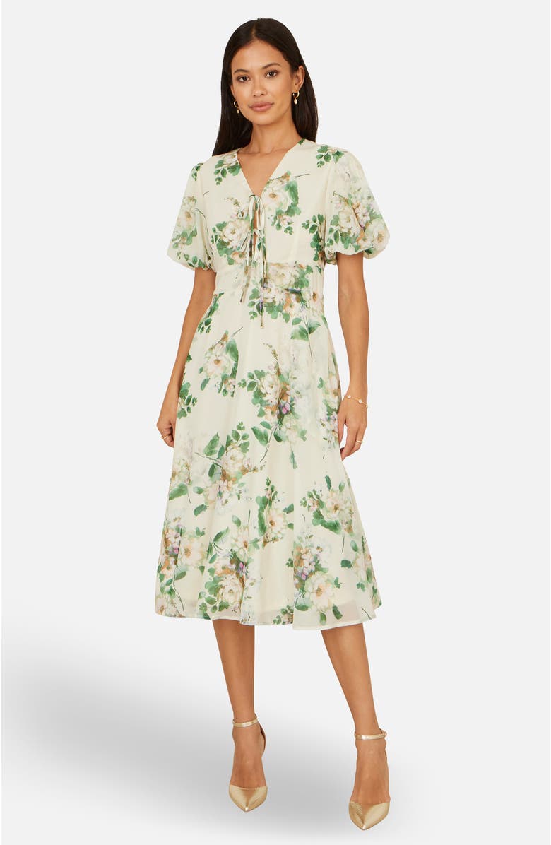 Yumi Floral Front Tie Detail Tea Dress, Alternate, color, Ivory