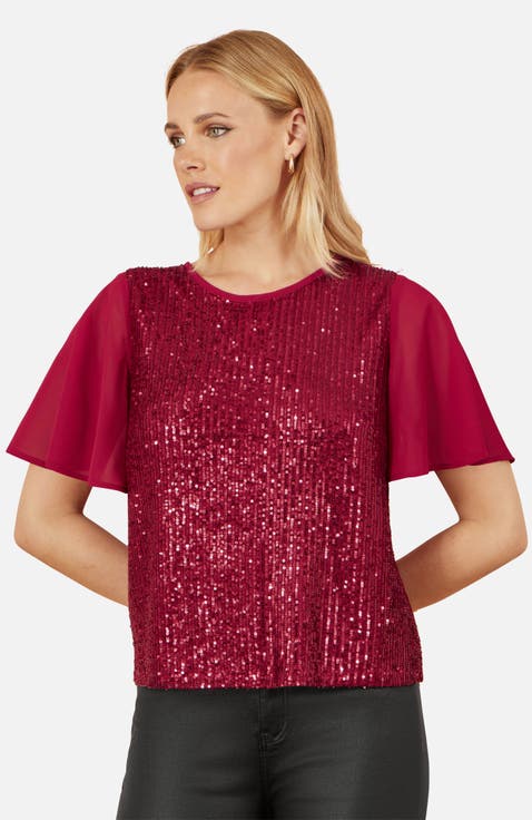 Sheer Short Sleeve Sequin Top
