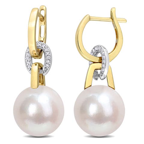 Pearl & Diamond Link Huggie Earrings 14k