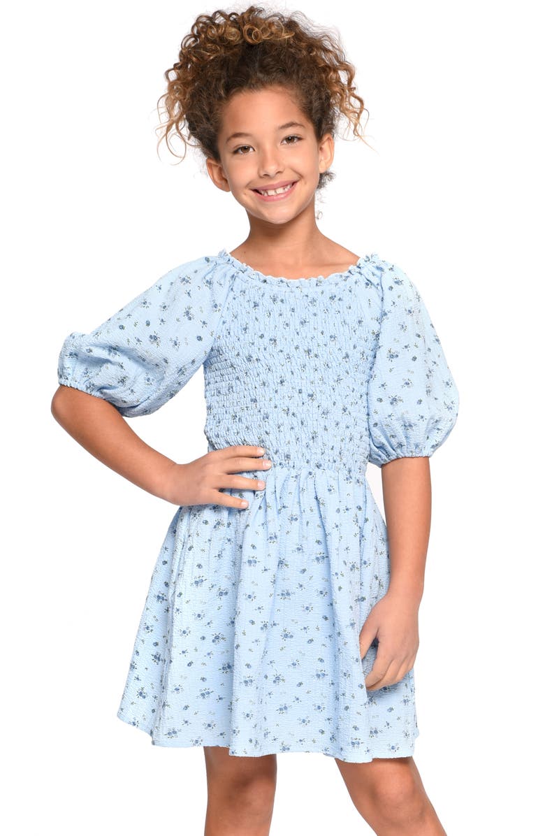 Hannah Banana Truly Me Kids' Smocked Puff Sleeve Dress, Alternate, color, Blue Multi