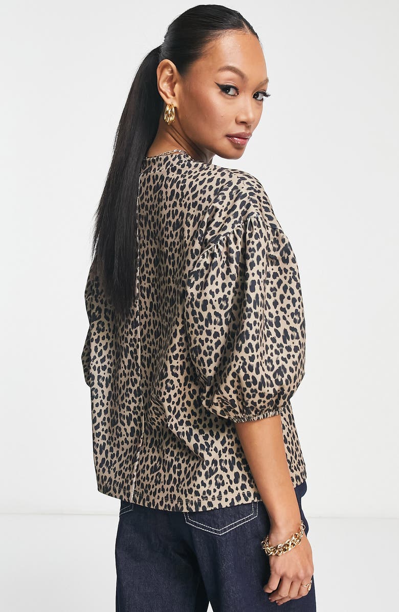 ASOS DESIGN Leopard Print Puff Sleeve Scuba Top, Alternate, color, 
