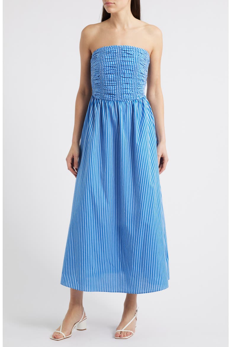 Stripe Strapless Cotton Fit & Flare Midi Dress, Main, color, BLUE