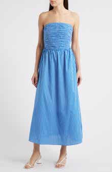 MOON RIVER Stripe Strapless Cotton Fit & Flare Midi Dress