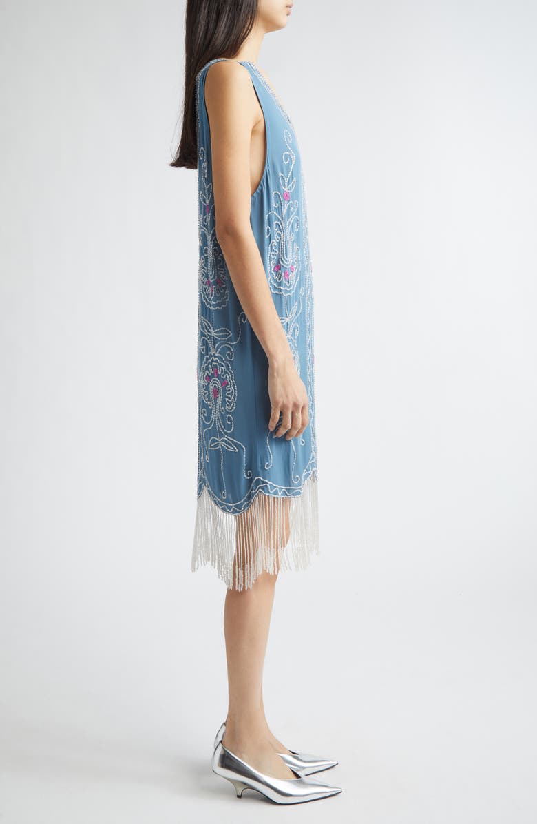 Bode Sea Flower Beaded Fringe Silk Dress, Alternate, color, Blue Multi