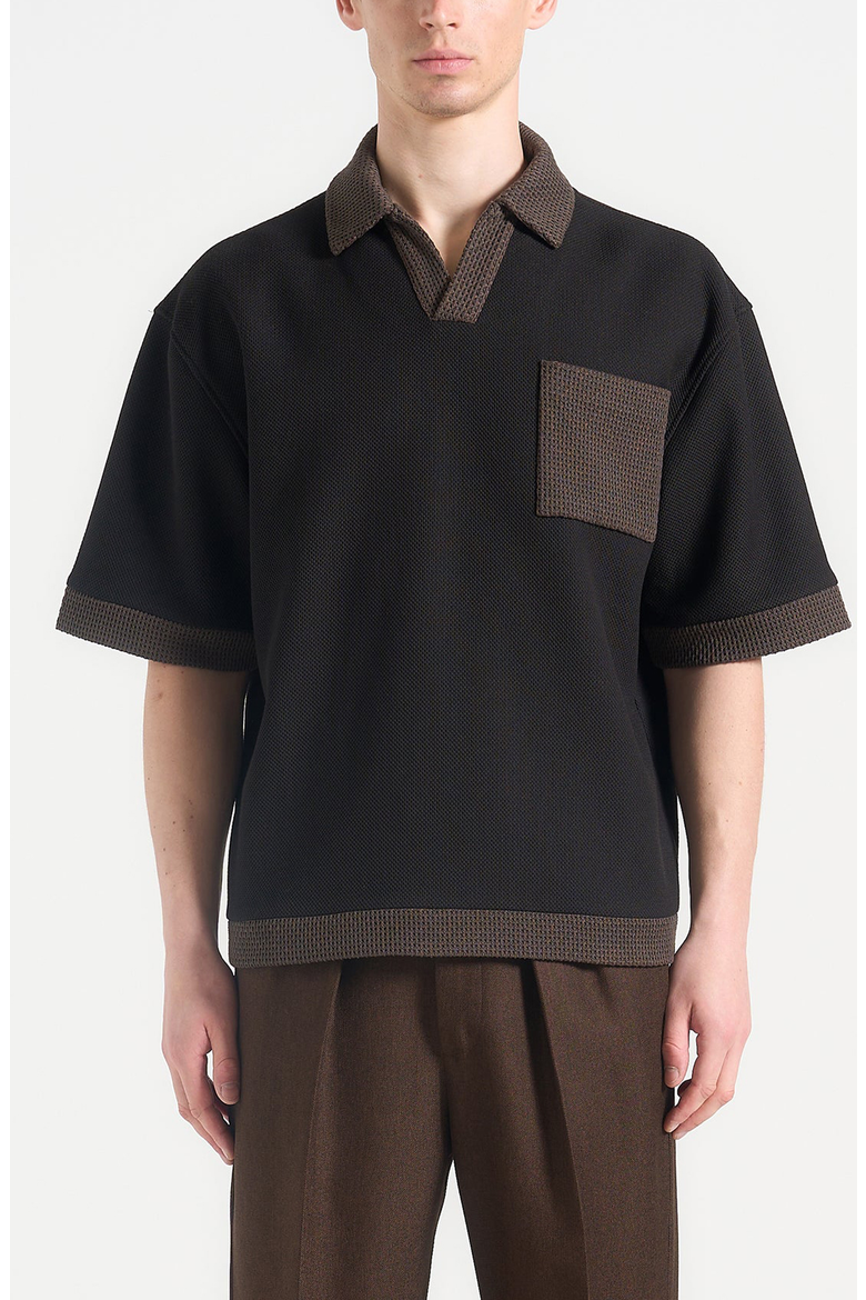 Brice Boxy Polo Shirt with Crochet Detail, Alternate, color, Black