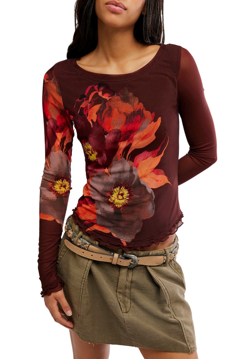 Lilly Print Long Sleeve Mesh Top, Main, color, COCOA COMBO