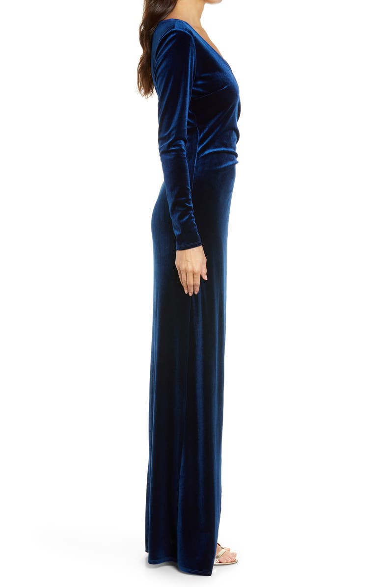 LOVE, NICKIE LEW Ruched Long Sleeve Velvet Gown, Alternate, color, 