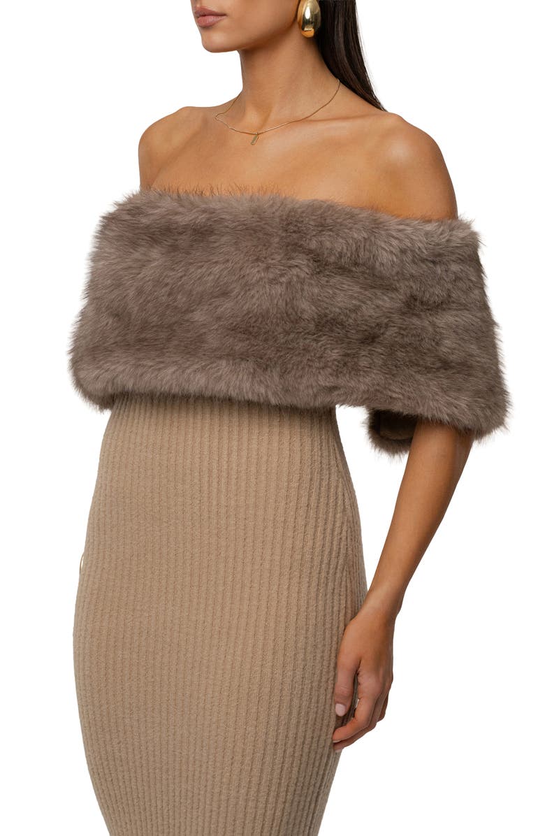 JLUXLABEL Aspen Hour Faux Fur Detail Off-the-Shoulder Rib Knit Dress, Alternate, color, Brown