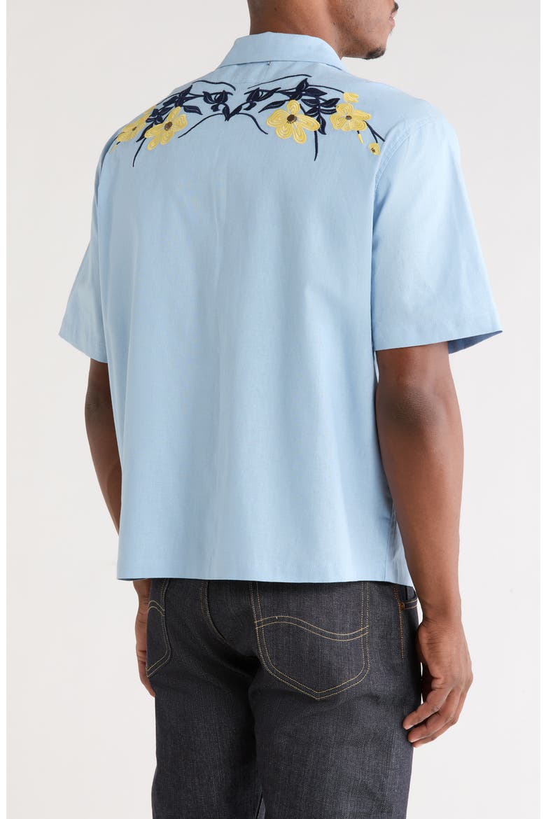 Jasmine Floral Embroidered Cotton & Linen Camp Shirt, Alternate, color, BLUE