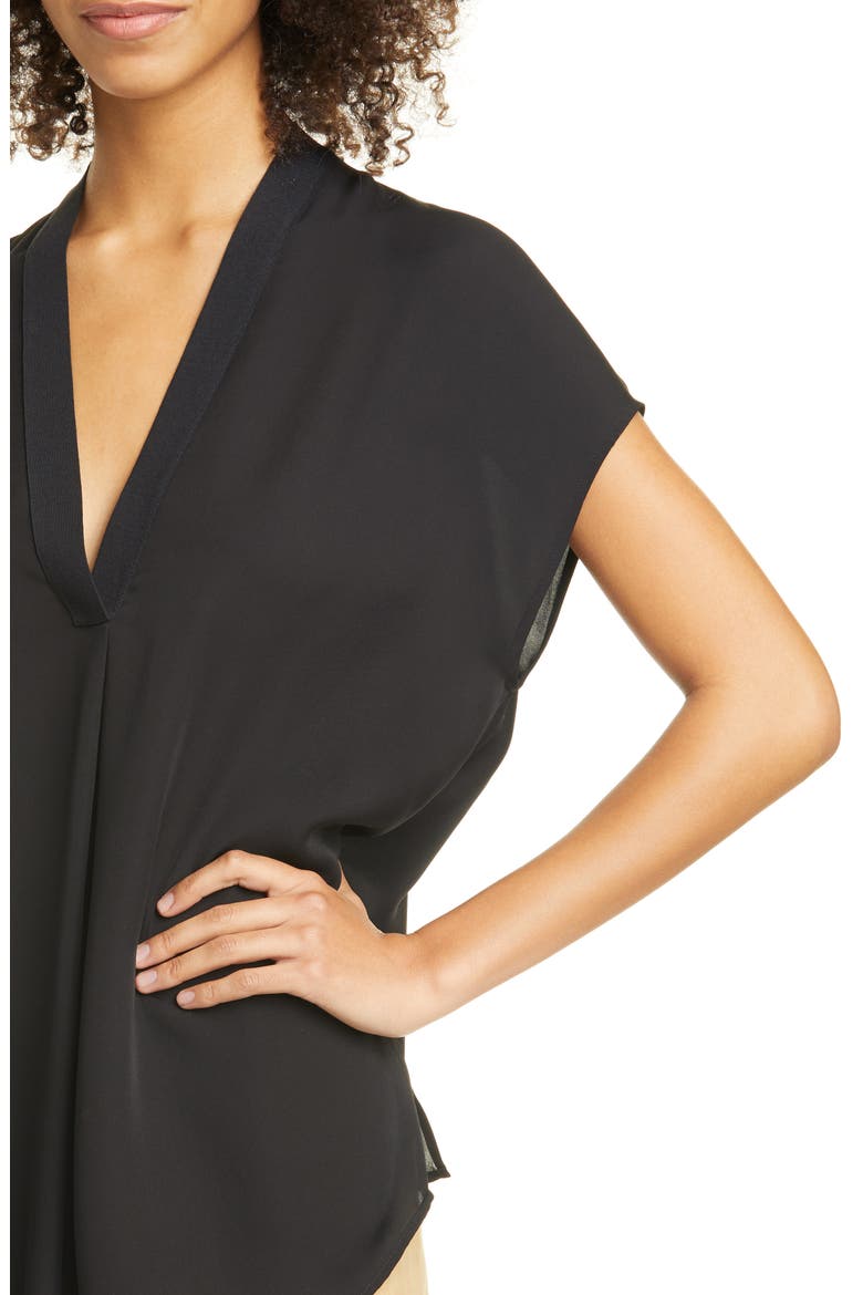 Contrast Trim Short Sleeve Silk Blouse, Alternate, color, BLACK
