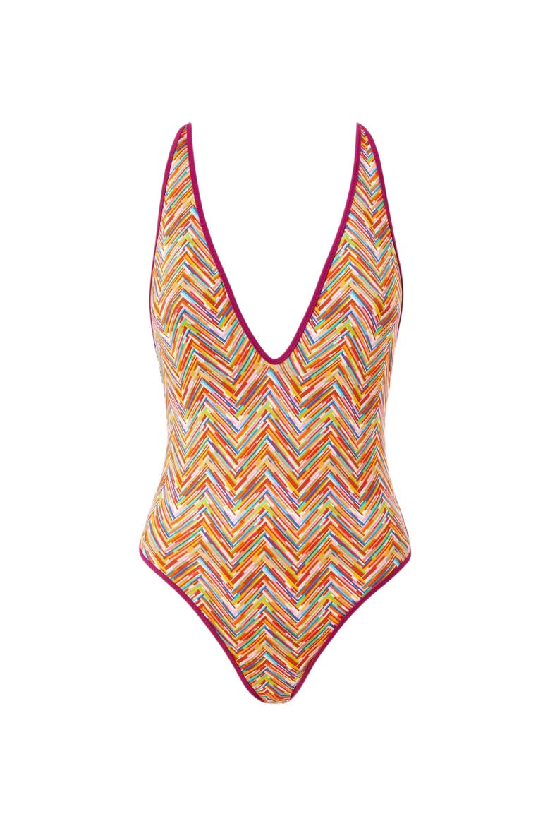 Reversible One-piece Swimsuit With Print And V-neck, Alternate, color, Multicoloured