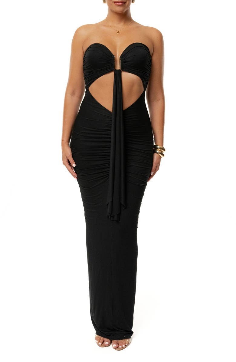 JLUXLABEL Drape Cutout Strapless Body-Con Maxi Cocktail Dress, Alternate, color, Black