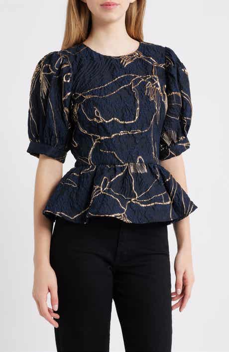 CIEBON Tonje Metallic Puff Sleeve Peplum Top