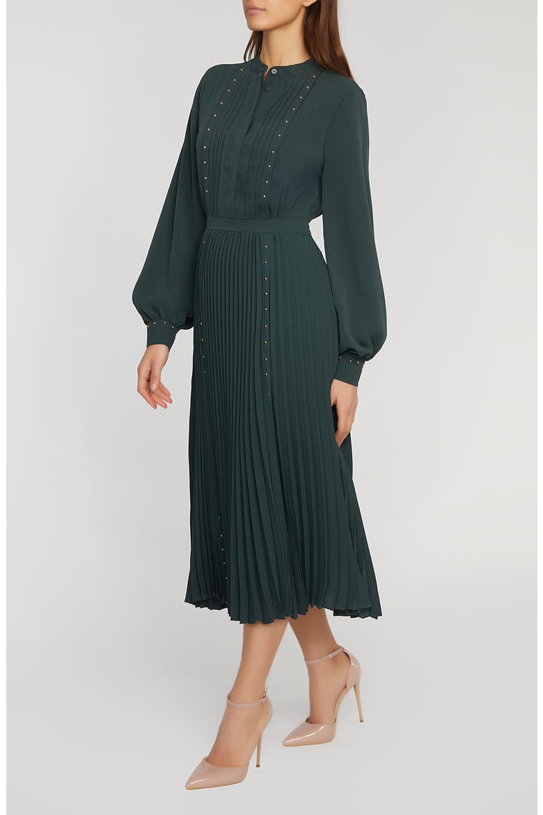 The Alania Pleated Long Sleeve Midi Dress, Alternate, color, JUNIPER
