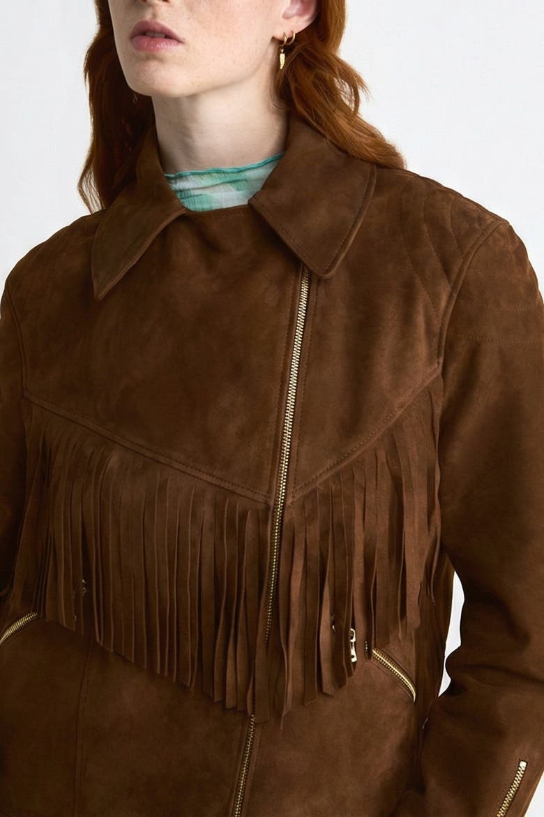 Lara Fringe Suede Jacket, Alternate, color, Chestnut