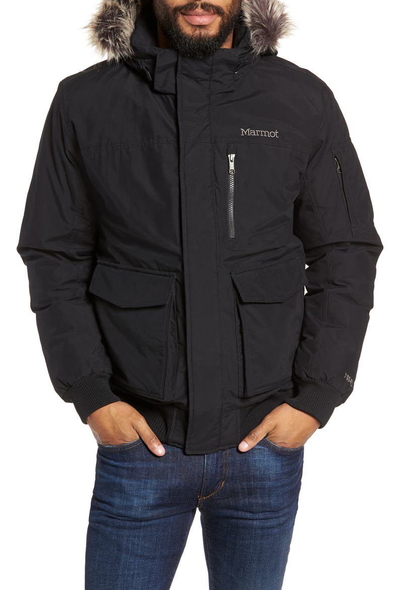 Stonehaven Waterproof 700 Fill Power Down Jacket with Faux Fur Trim, Main, color, BLACK