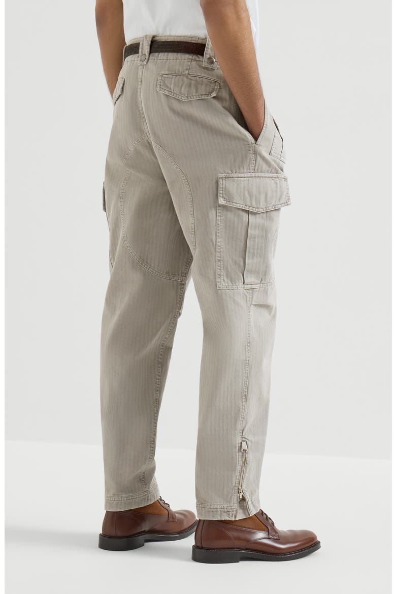 Garment-dyed multipocket cargo trousers in cotton chevron with zippers, Alternate, color, Grey