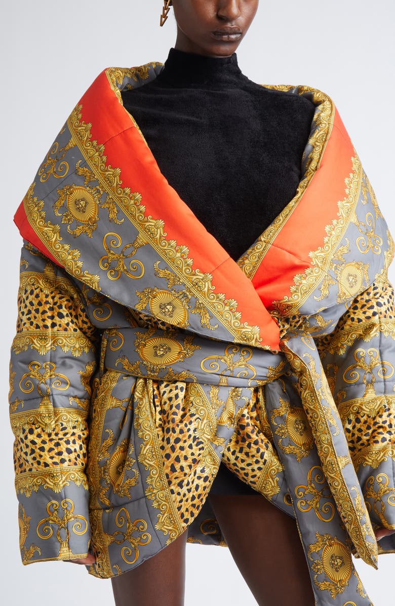 Versace Reversible Belted Cheetah Stripe Wrap Puffer Jacket, Alternate, color, Cheetah Elephant Grey