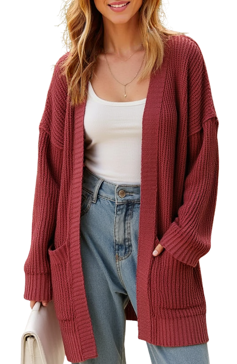 Knit and Lounge Ribbed Open-Front Cardigan with Pockets and Relaxed Fit, Main, color, 