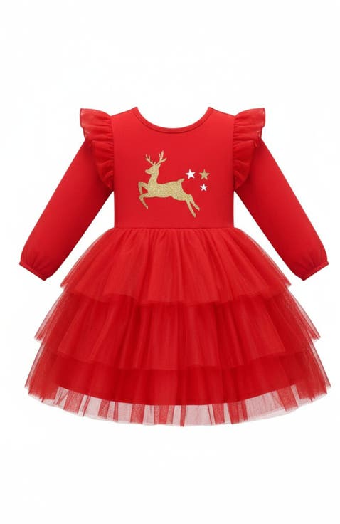 Golden Reindeer Ruffled Tutu Dress (Toddler, Little Kid & Big Kid)