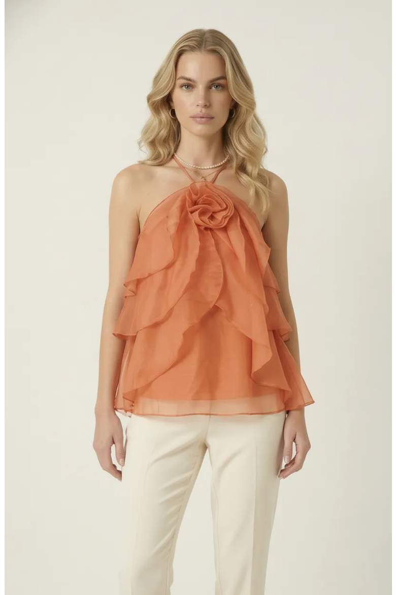Halter Ruffle Chiffon Top, Main, color, Terracotta