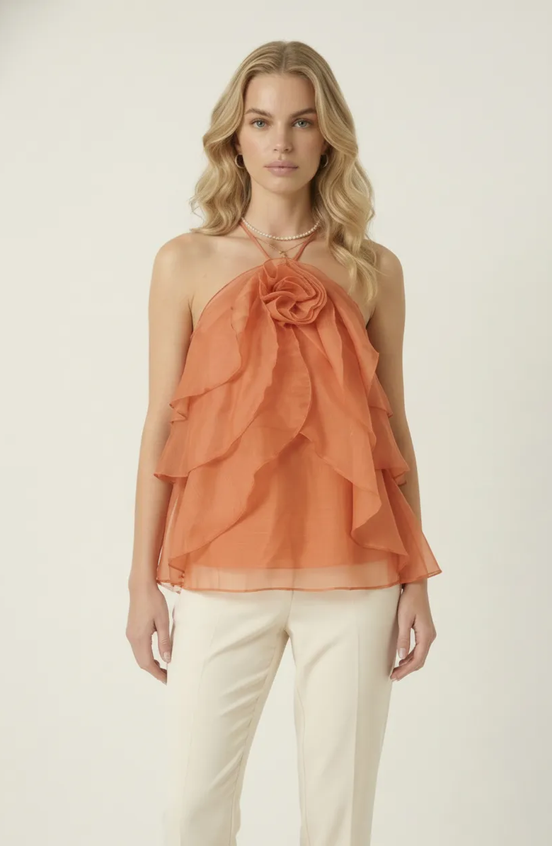 Modenaire Halter Ruffle Chiffon Top, Main, color, Terracotta