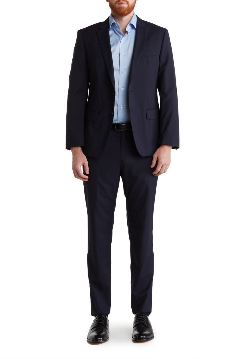 BOSS Huge Genius Dark Blue Solid Two Button Notch Lapel Wool Suit, Main, color, Dark Blue