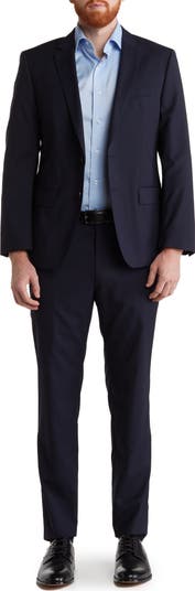 Huge Genius Dark Blue Solid Two Button Notch Lapel Wool Suit