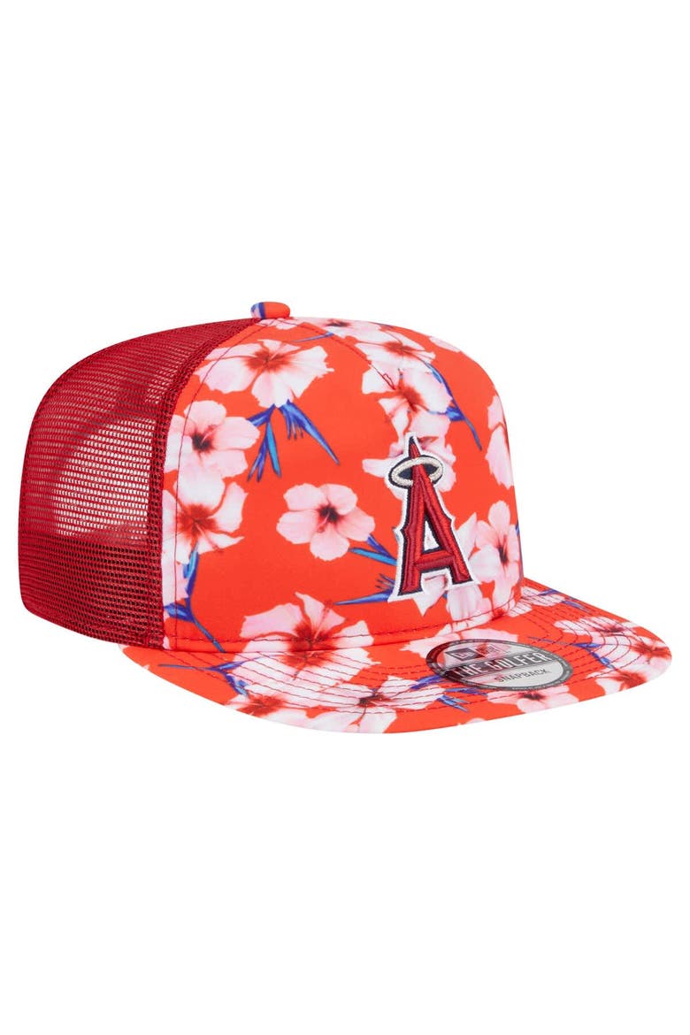 Men's New Era Red Los Angeles Angels Adventure Pattern Golfer Trucker Snapback Hat, Alternate, color, Red