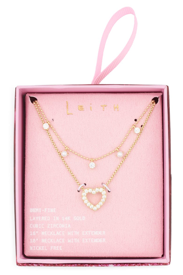 Set of 2 Pavé Cubic Zirconia Heart Pendant Necklace, Main, color, CLEAR- GOLD