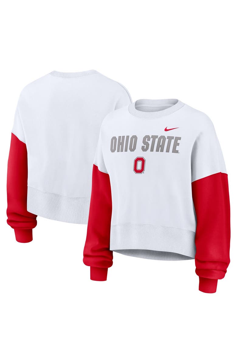 Nike Women's Nike White Ohio State Buckeyes Color-Block Oversized Cropped Pullover Sweatshirt, Alternate, color,